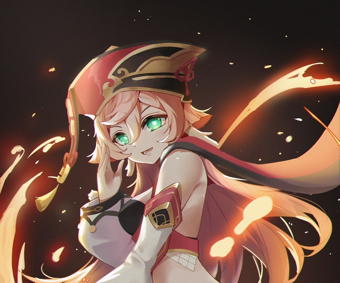 Yanfei Genshin Impact smiling with glowing fire