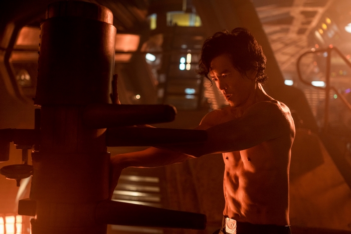 John Cho as Spike Spiegel training on a wooden dummy