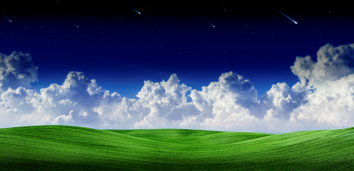 Green Hills and Clouds Under a Starry Sky with Shooting Stars