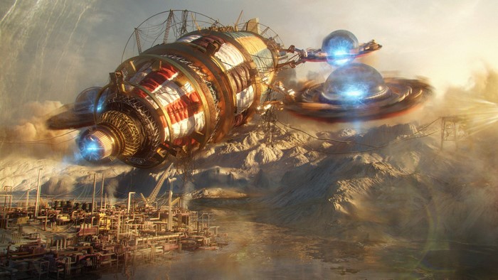 Ancient Steampunk Airship Over Future Industrial City
