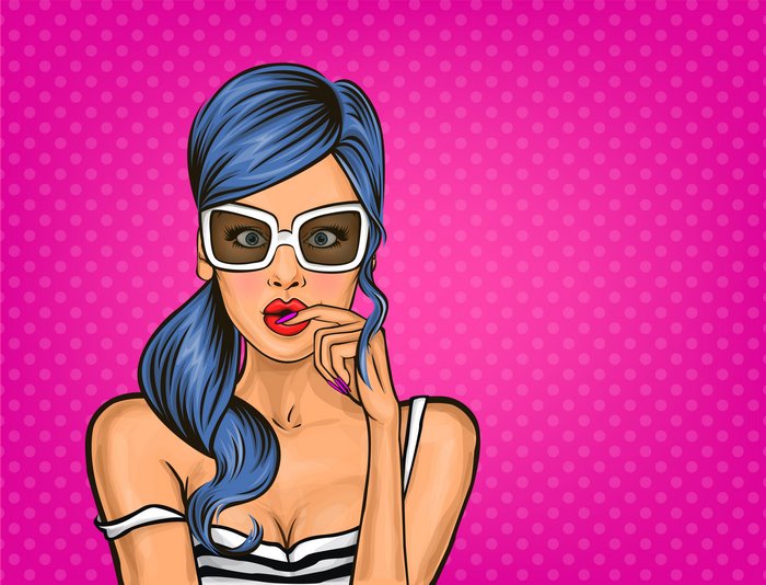 Pop Art Woman with Blue Hair and Sunglasses