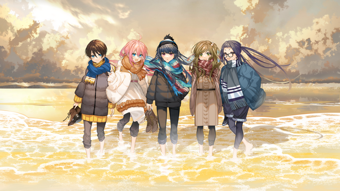 Yuru Camp: Friends on a winter beach stroll