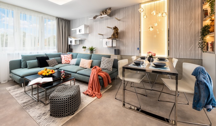 Stylish Living Room with Cats and Dining Space