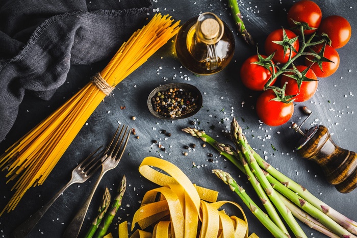 Still Life with Pasta, Tomatoes, Asparagus, and Spices