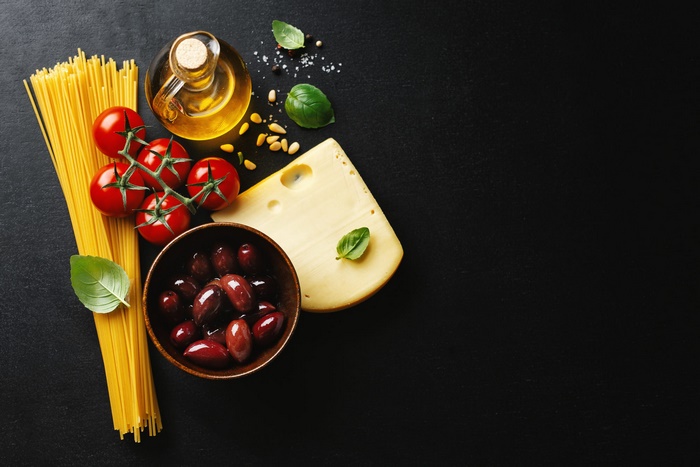 Still Life of Italian Pasta, Tomato, Cheese Ingredients