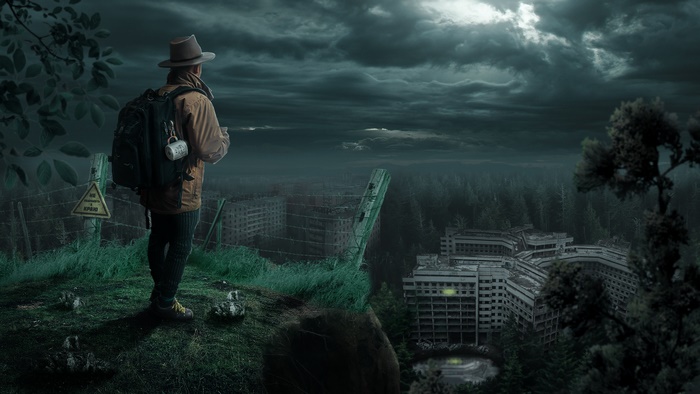 Lone man surveys a ruined post-apocalyptic landscape