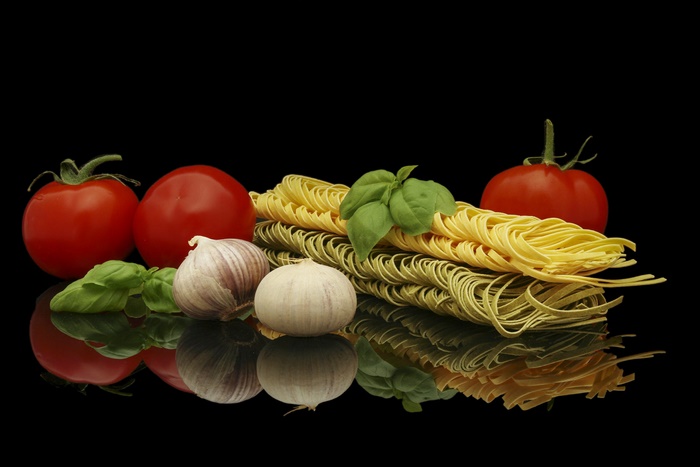 Pasta, Tomatoes, Garlic, and Basil with Reflection