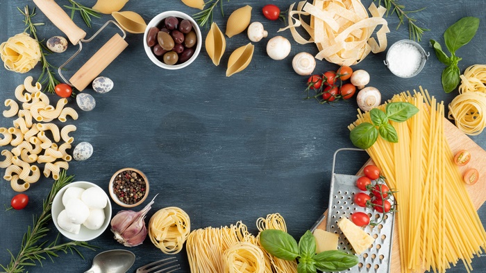Still Life of Fresh Pasta and Italian Cooking Ingredients