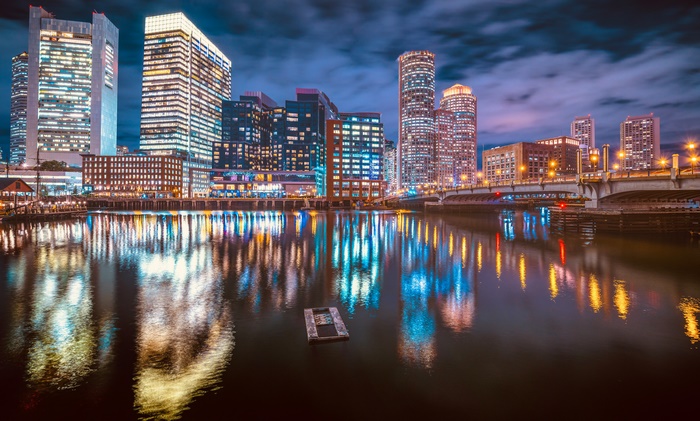 Boston Cityscape at Night with Water Reflections