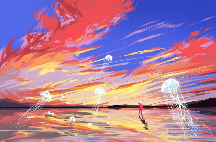 Boy, Jellyfish, and Vibrant Sunset Sky