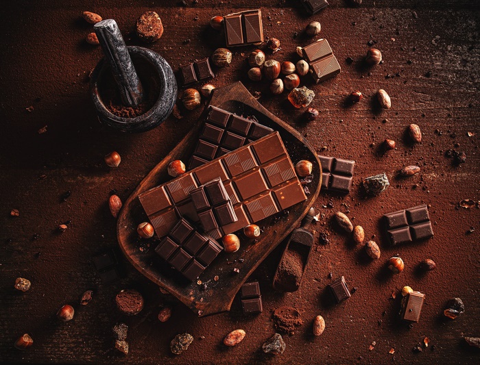 Dark Chocolate Still Life with Hazelnuts and Cocoa