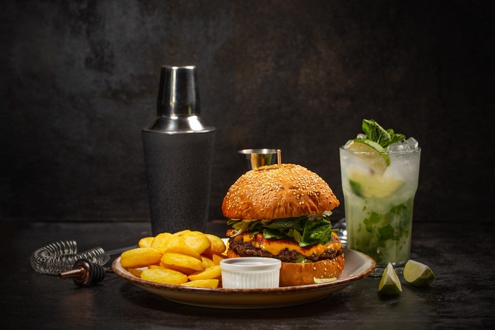 Gourmet Burger, Fries, and Refreshing Mojito
