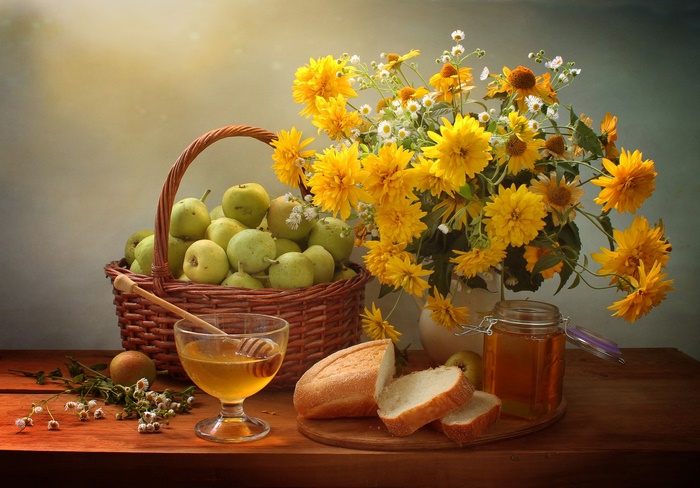 Still Life with Pears, Honey, and Yellow Flowers