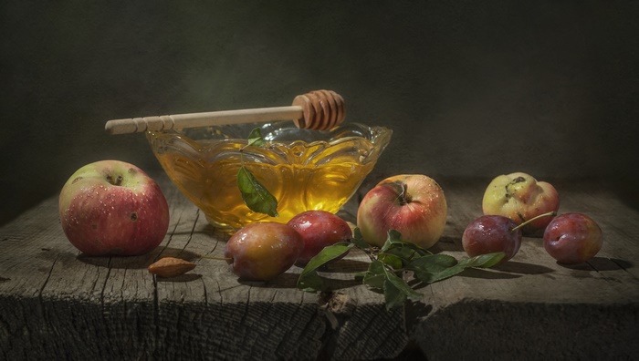 Rustic Still Life with Honey, Apples, and Plums