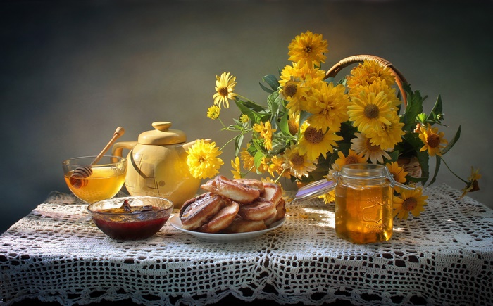 Still Life with Yellow Flowers, Honey, and Pastries