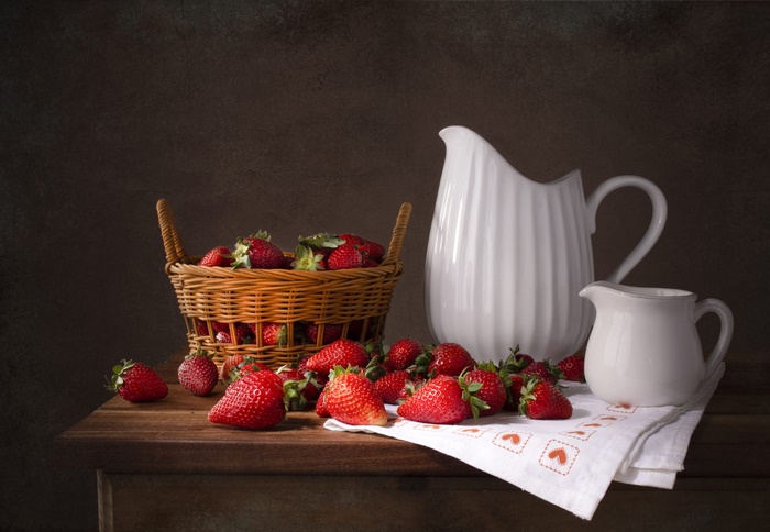 Still Life with Strawberries, Basket, and White Pitchers