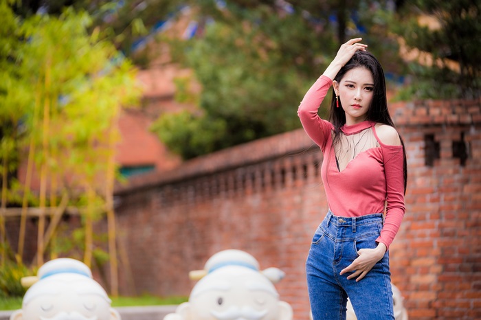 Beautiful Asian model with black hair in pink top 4K