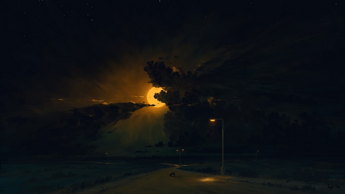 Dog on a Road under a Cloudy Midnight Moon