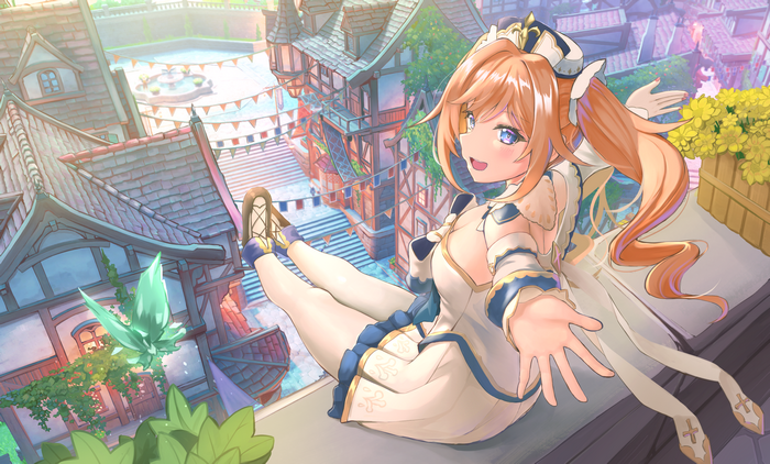 Barbara Genshin Impact reaching out from a sunny rooftop