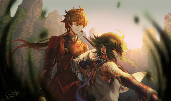 Genshin Impact Zhongli and Xiao Golden Hour