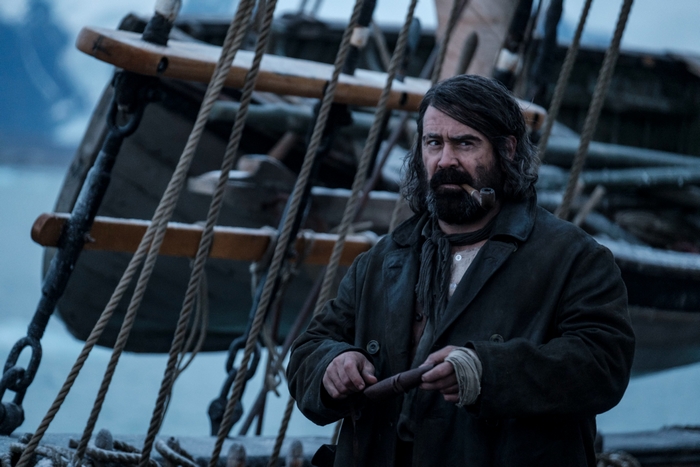 Colin Farrell with pipe on ship in The North Water