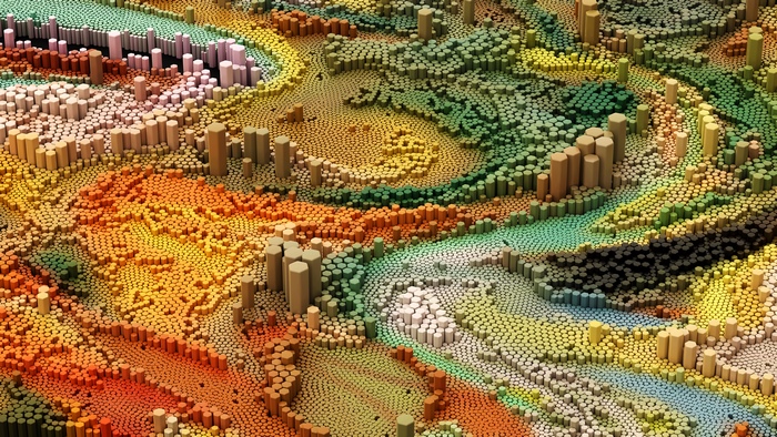 Abstract Digital Landscape of Colorful Hexagonal Pillars