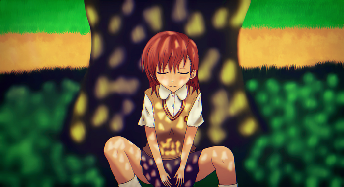 Mikoto Misaka resting in dappled sunlight under a tree