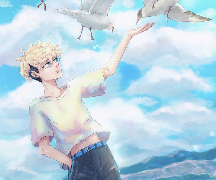 Chifuyu Matsuno feeding seagulls under a blue sky