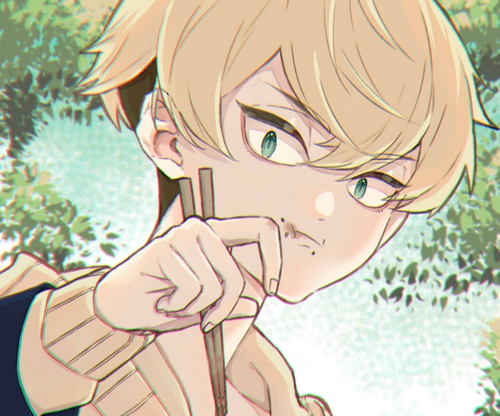 Chifuyu Matsuno looking thoughtful with chopsticks