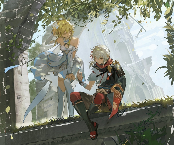 Kaedehara Kazuha and Lumine in Serene Ruins