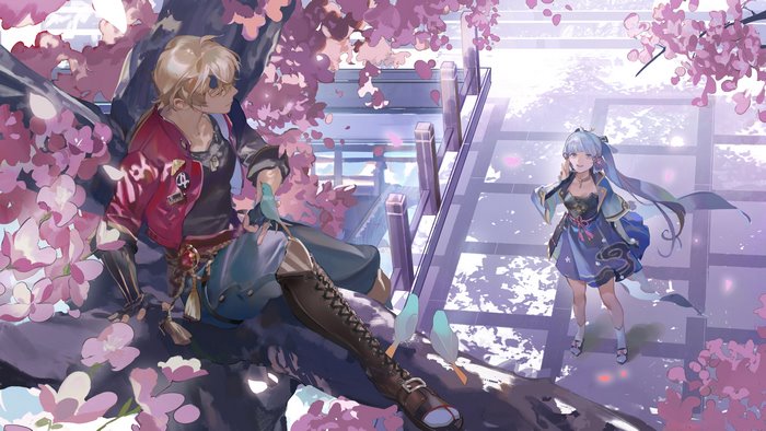 Kamisato Ayaka and Thoma under cherry blossoms
