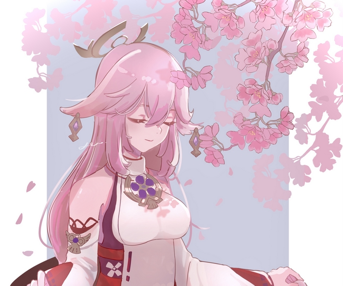 Yae Miko Guuji smiling with cherry blossoms