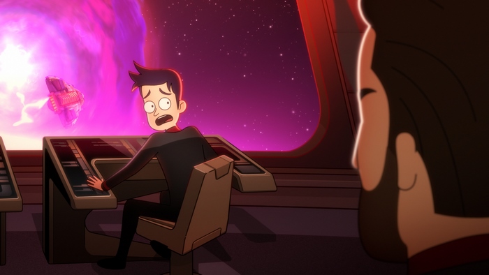 Brad Boimler scared on Star Trek: Lower Decks bridge