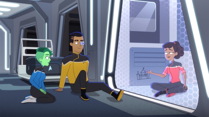 Star Trek: Lower Decks crew showing castle drawing