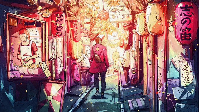 Vibrant Oriental Alley with Lanterns and Street Life