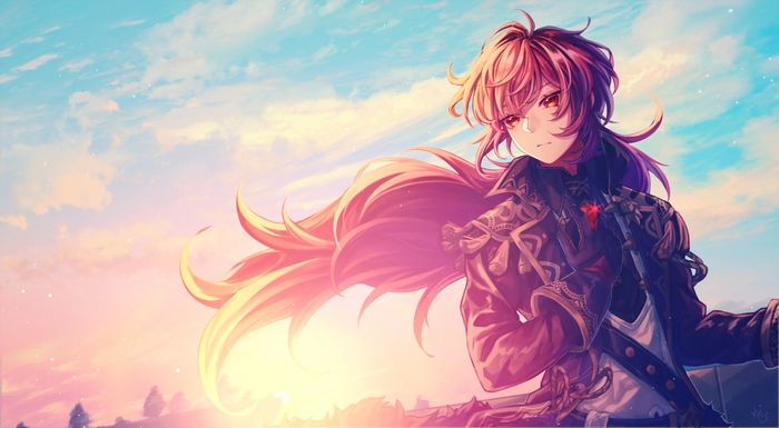 Diluc (Genshin Impact) with flowing hair at sunset