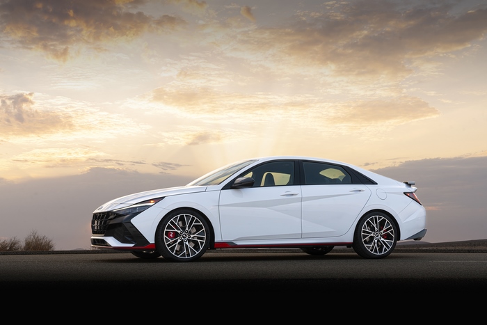 White 2022 Hyundai Elantra N Sport Car at Sunset