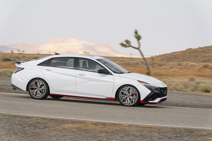 White 2022 Hyundai Elantra N Sport Car on Desert Road