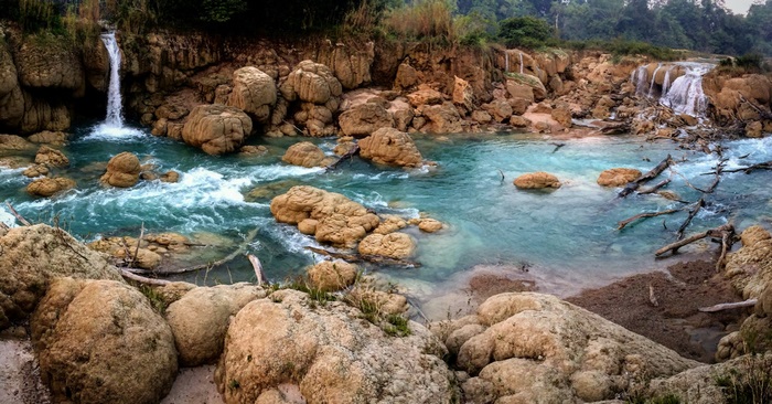 Blue Waterfalls and Rocky River in Chiapa, Mexico