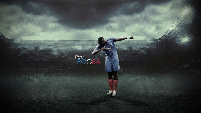 Paul Pogba dabbing for France in a stormy stadium