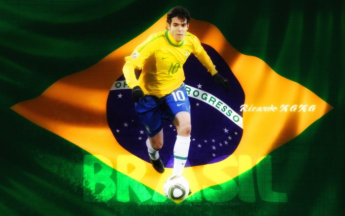 Kaká playing football with Brazil flag background