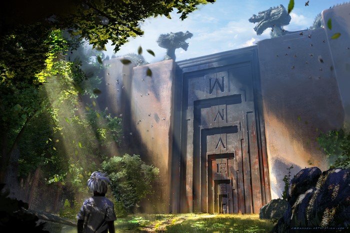 Child at a Fantasy Gate with Dragons