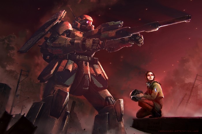 Gundam Zaku II and Girl Under Red Sky
