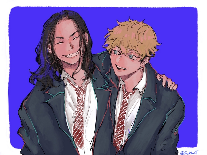 Smiling Baji and Chifuyu in uniform
