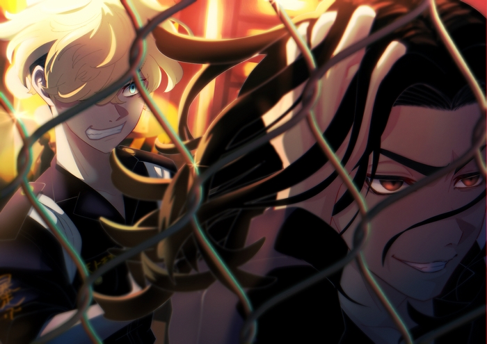 Keisuke Baji and Chifuyu behind fence with intense expressions