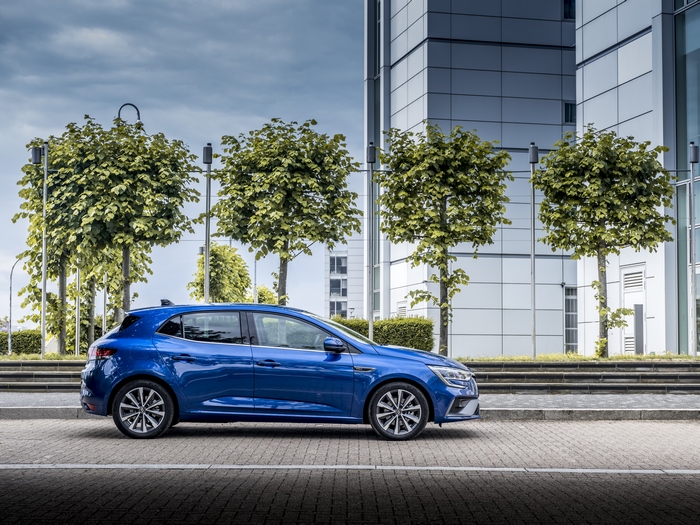Blue Renault Mégane E-TECH electric car on street
