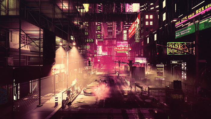 Neon Cyberpunk City Street with Futuristic Car