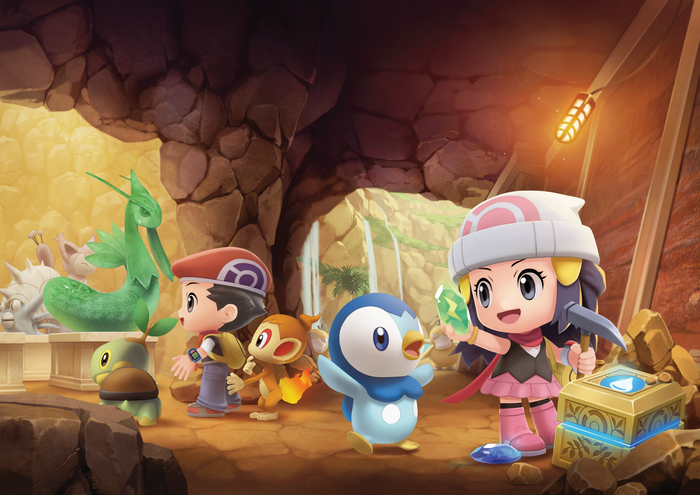 Chibi Dawn, Lucas, and Pokémon exploring the Grand Underground