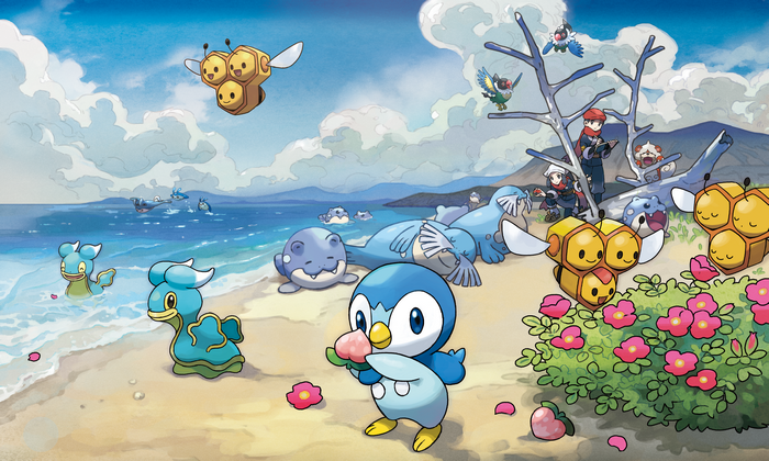 Piplup, Rei, Akari and Pokémon enjoying Hisui beach