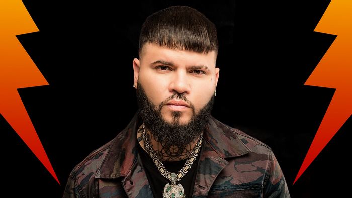 Farruko portrait with orange lightning bolts